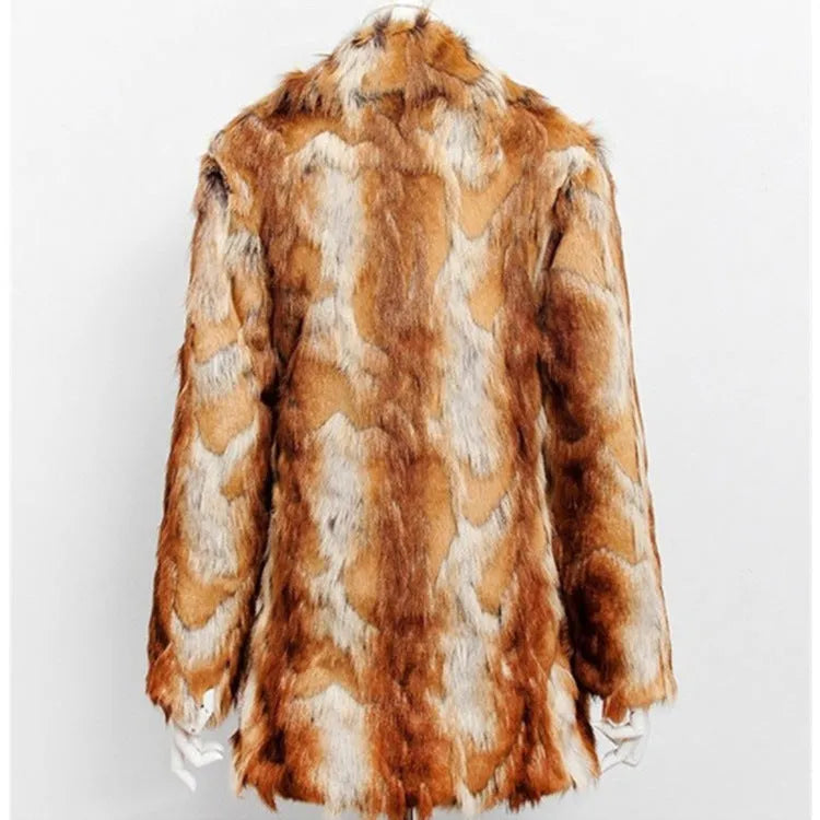 Women's slim-fit tiger print faux fur jacket with long sleeves and a medium length.