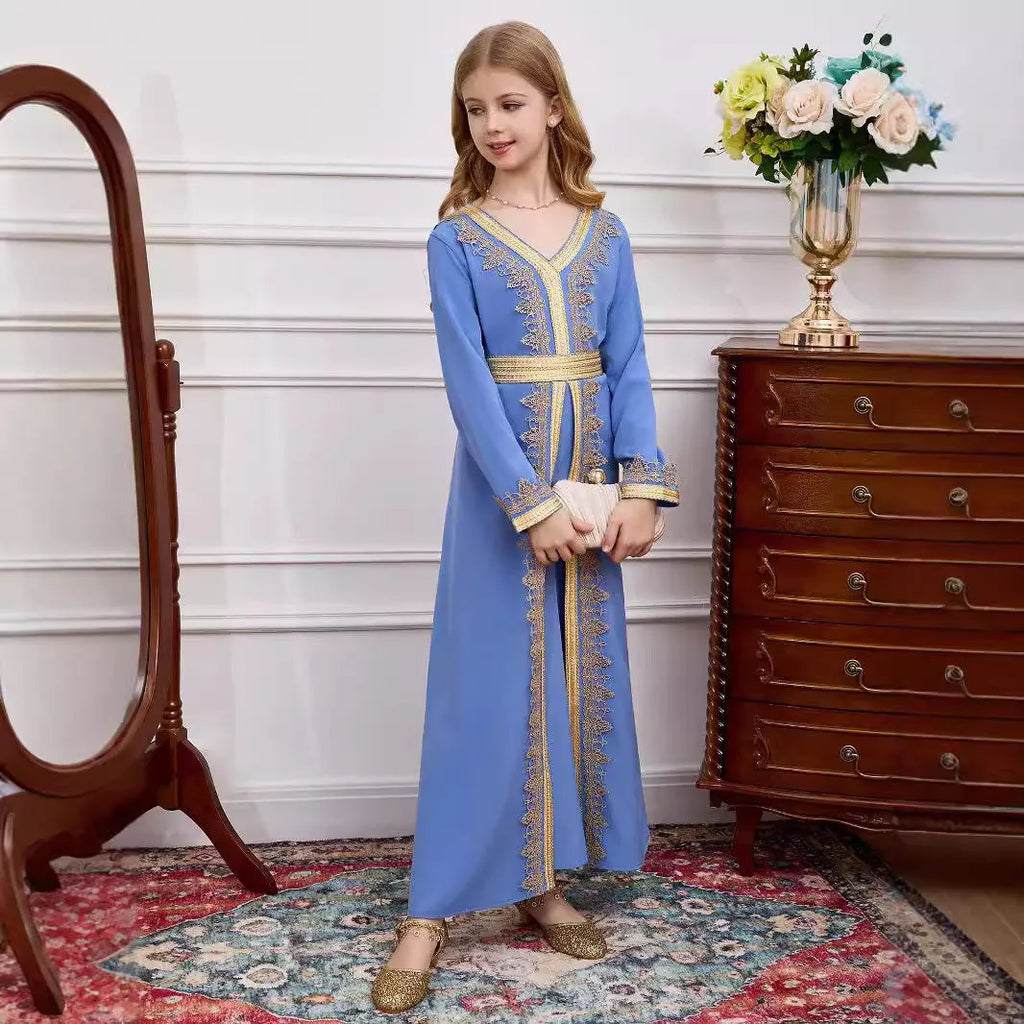 Girls lace V-neck dress in ice blue with polyester lining, suitable for 4Y to 12Y