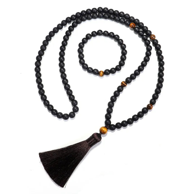 Tigereye stone bead yoga necklace and bracelet set with 108 natural gemstones