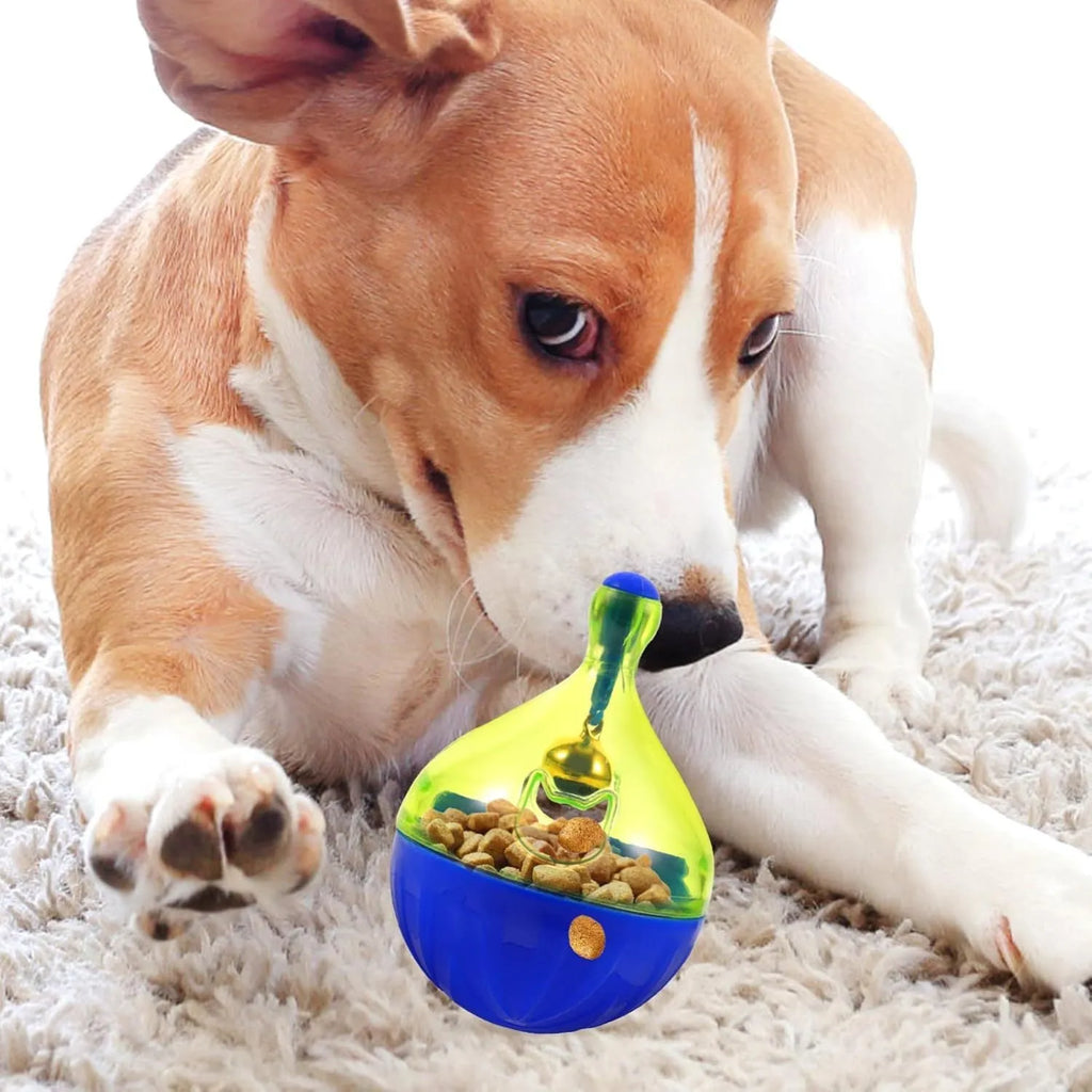 Blue and green tumbler-shaped interactive treat dispenser toy for dogs and cats on a wooden floor.