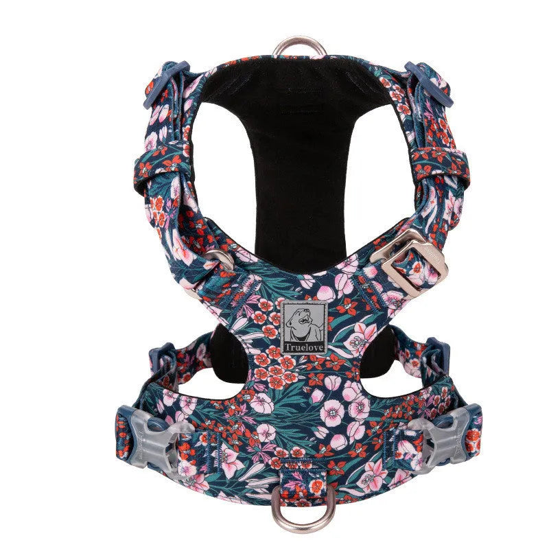 Pure cotton pull-resistant pet chest harness in a floral pattern, showing adjustable straps.
