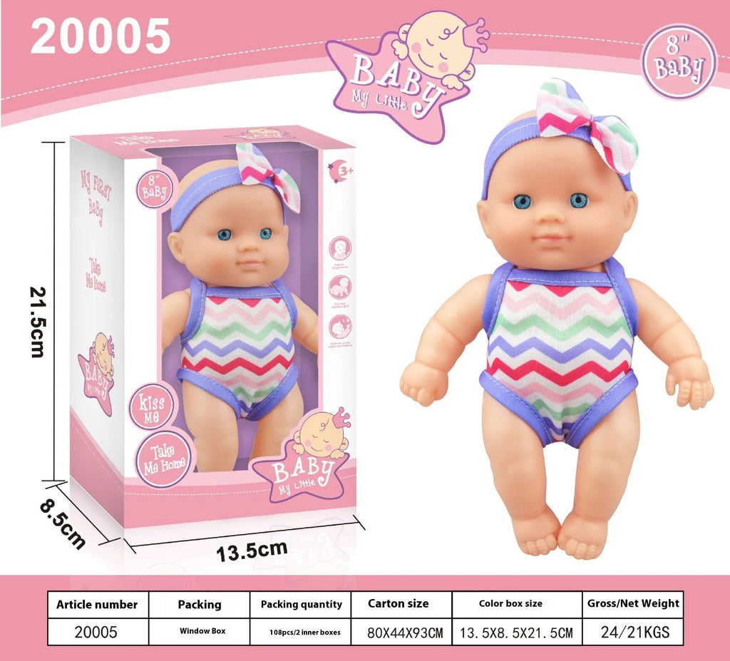 Simulation baby vinyl figurine doll in display showing realistic details and 21.5cm height