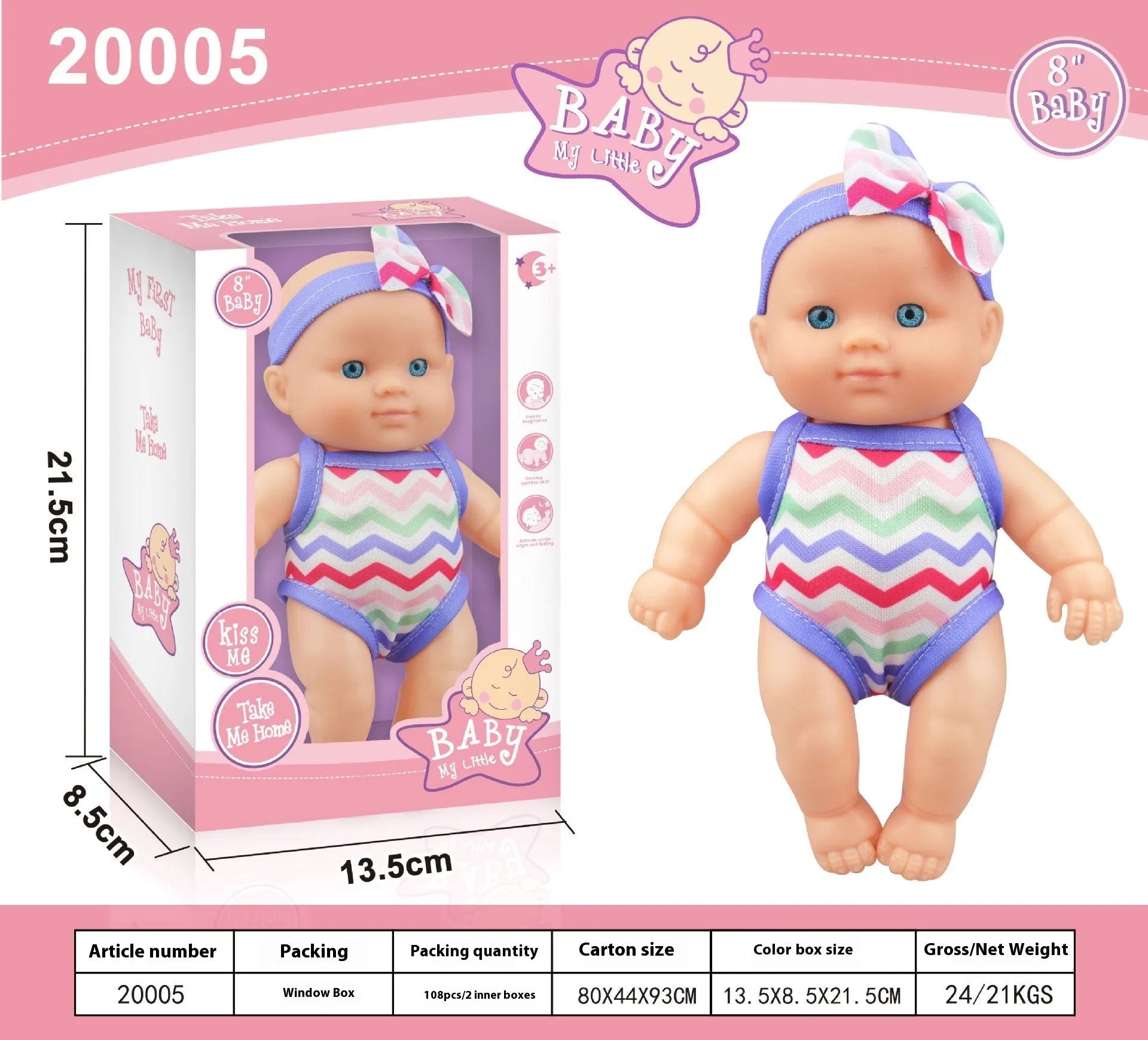 Simulation baby vinyl figurine doll in display showing realistic details and 21.5cm height