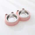 Stainless steel pet double bowl for cat and dog feeding in blue, green, and pink colours.