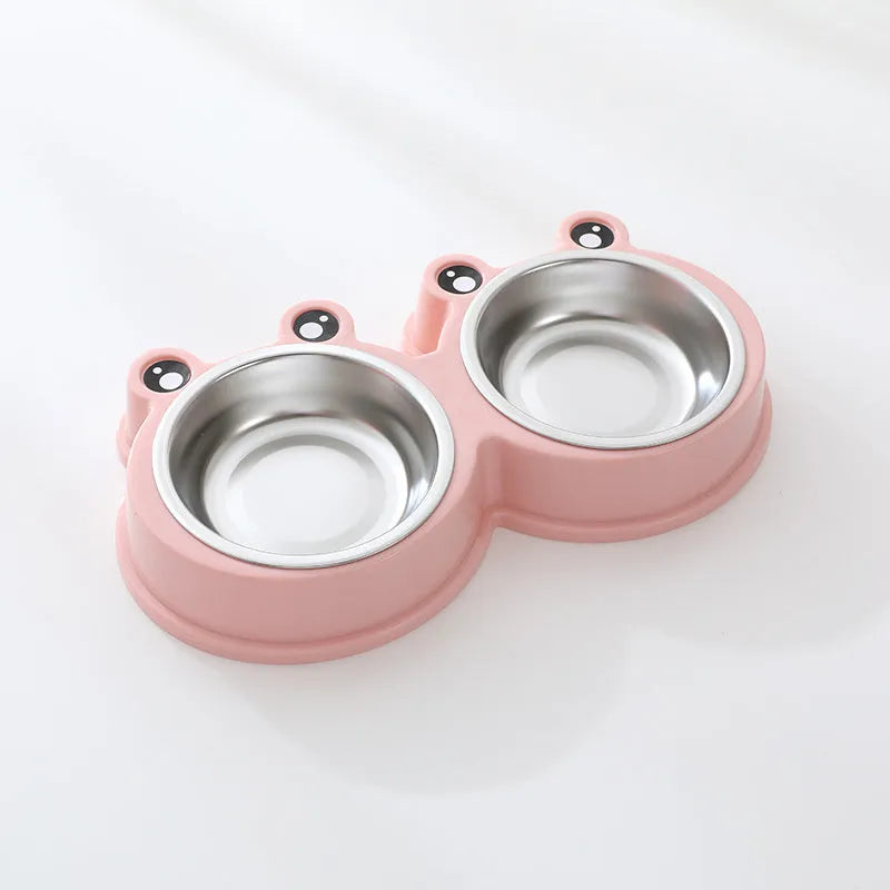 Stainless steel pet double bowl for cat and dog feeding in blue, green, and pink colours.