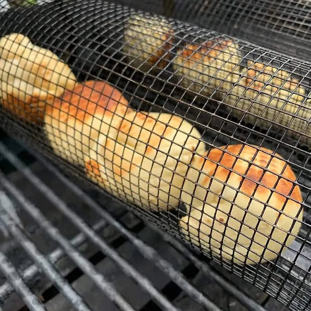 Stainless steel cylindrical rolling barbecue grill basket with wire mesh, shown with a hook.