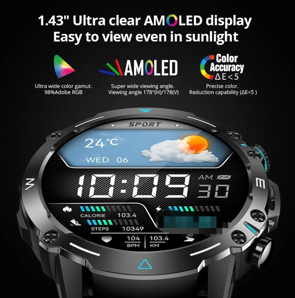 M42 smart watch in black, green, or grey with large AMOLED screen and IP68 waterproof rating.