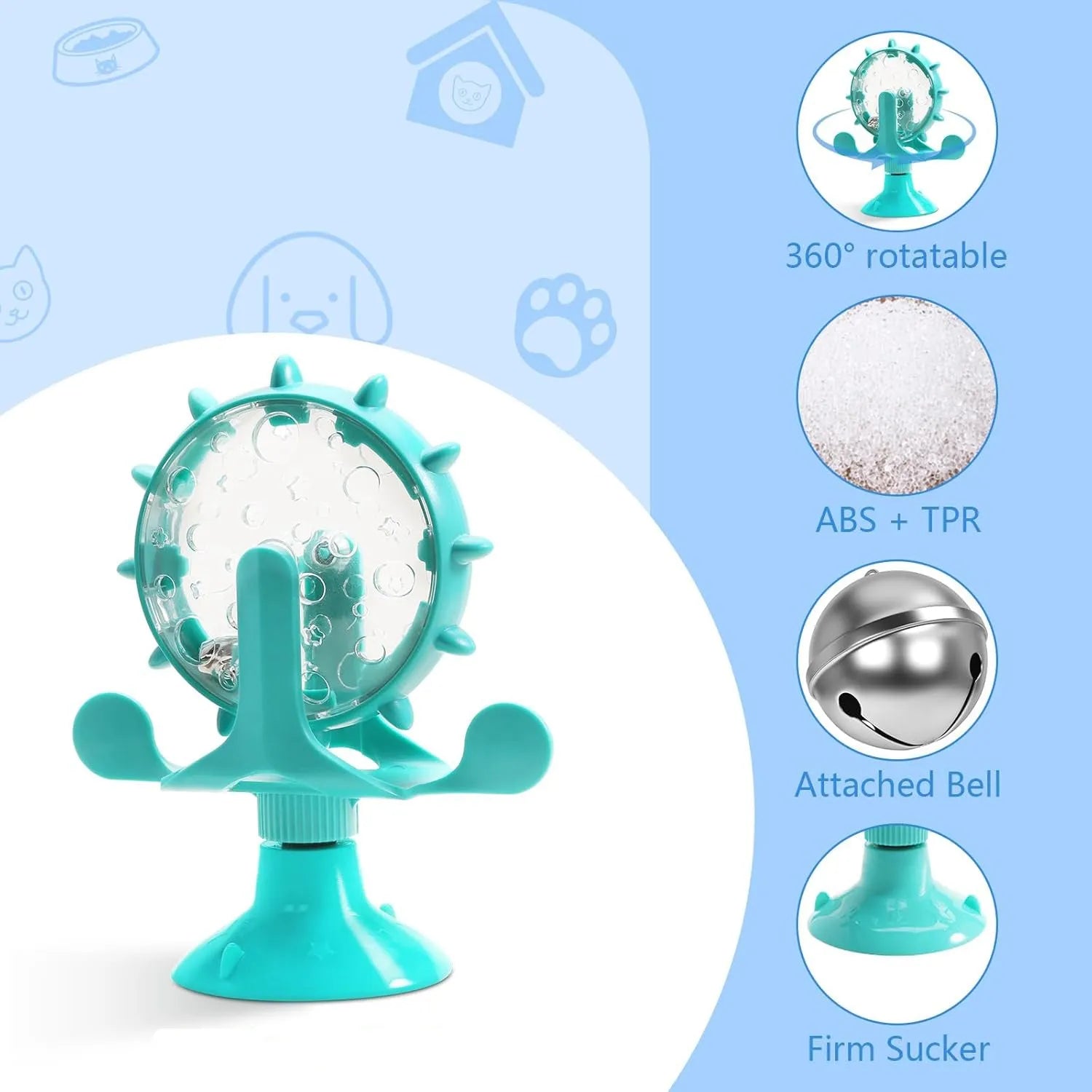 Interactive pet puzzle toy with spinner and sucker base in blue, green, red or yellow for cats and small dogs.