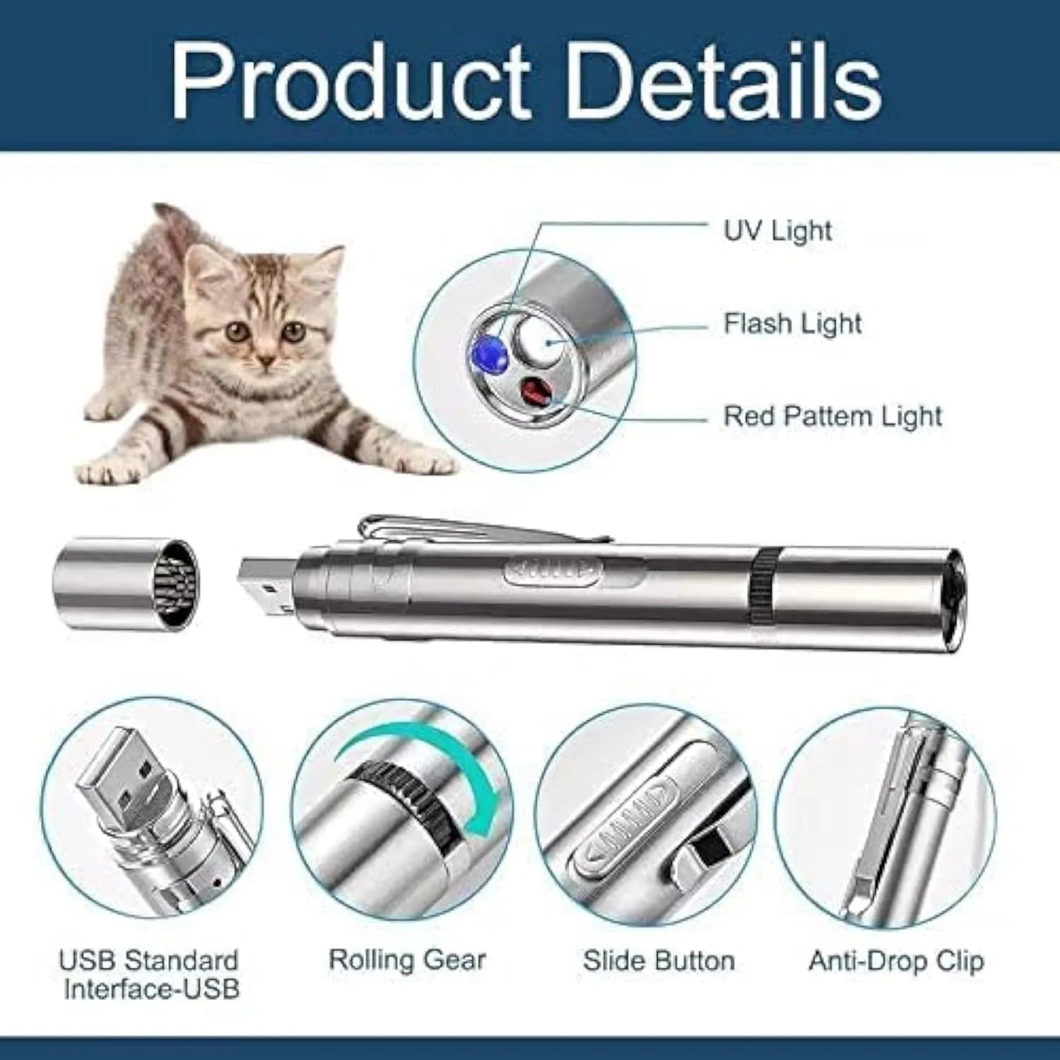 Silver aluminium alloy cat toy pointer wand with laser patterns for indoor pet play