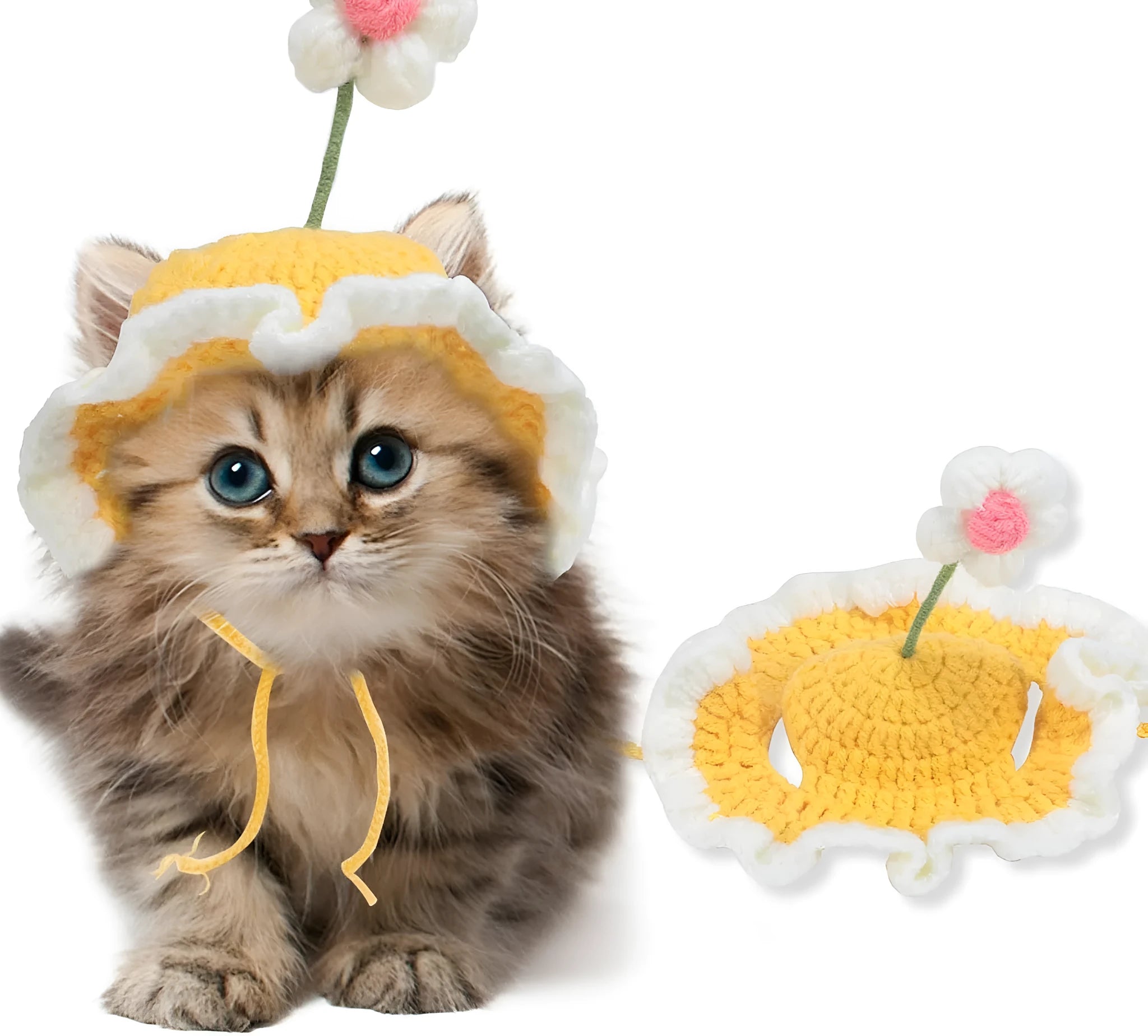 Soft knitted cartoon design hat for a cat or small dog on a mannequin head, shown in green.