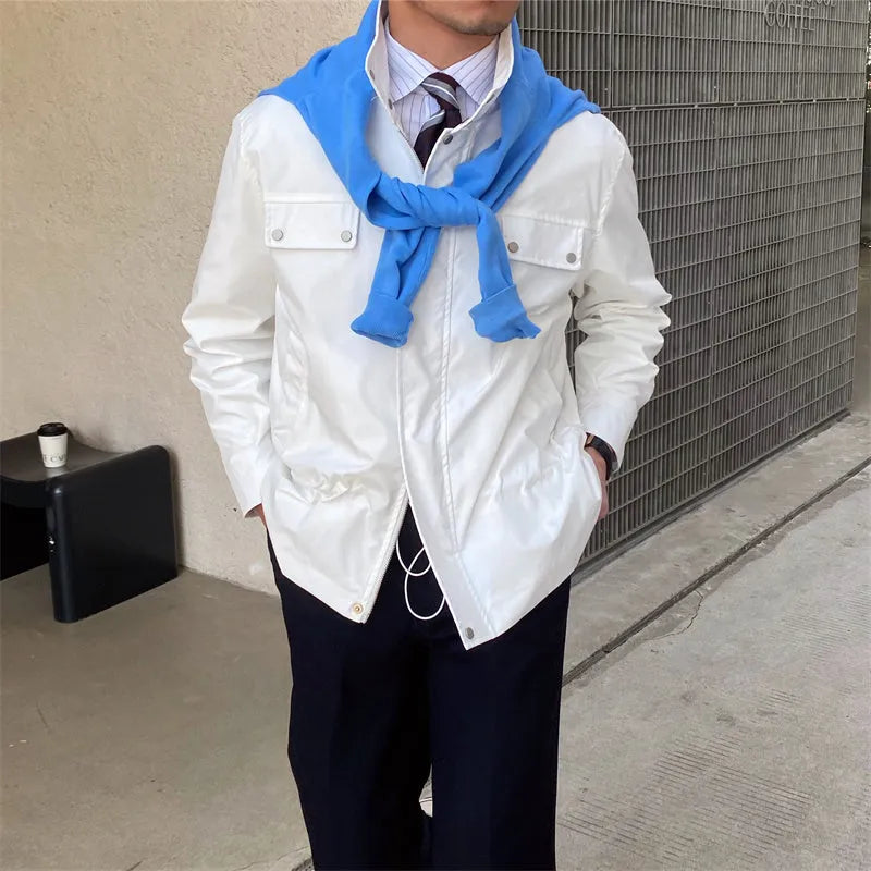 Men's stand collar fine plaid jacket in white with zipper front, slightly wide fit, polyester fabric