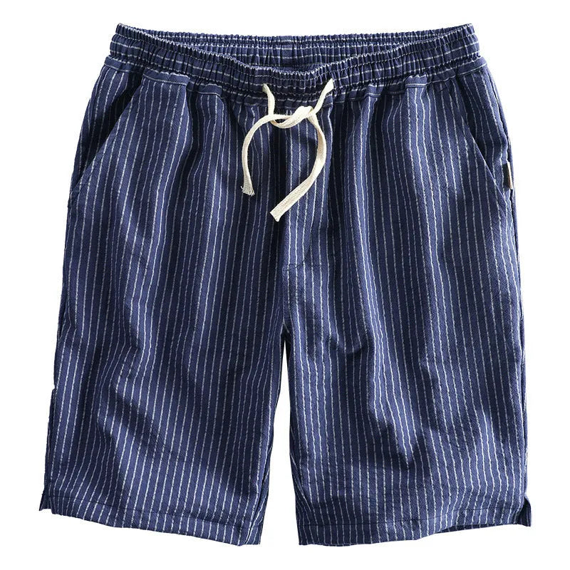 Men's striped casual shorts in light blue with a loose straight fit and mid waist.