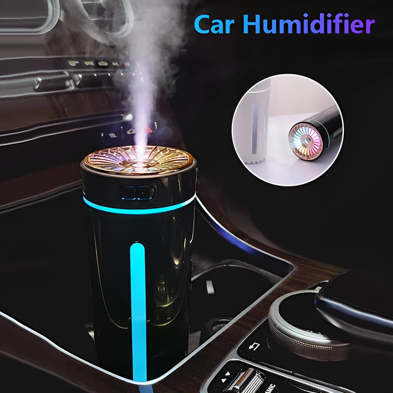 Black portable USB rechargeable humidifier with colourful LED lights on a car cup holder