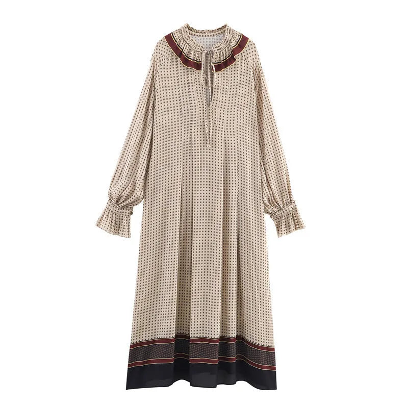 Women's cotton printed long dress with stripes or plaid pattern, loose fit, long sleeves, mid-waist, available in Asian sizes XS to L