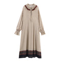 Women's cotton printed long dress with stripes or plaid pattern, loose fit, long sleeves, mid-waist, available in Asian sizes XS to L