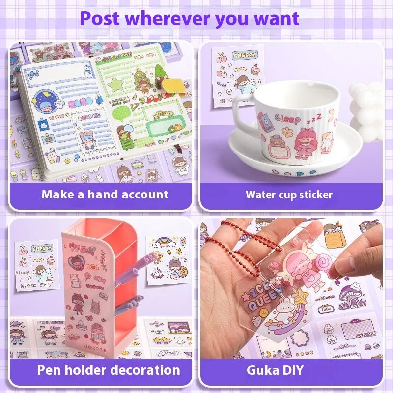 Box of children's themed stickers for notebook decoration with five colourful design options