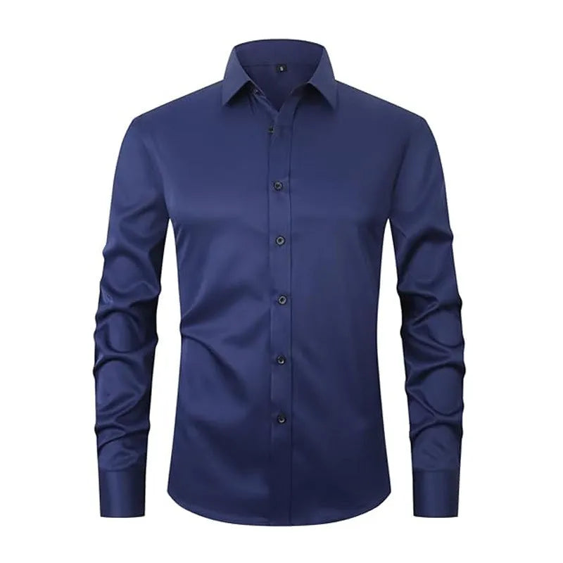 Men's stretch polyester long sleeve work shirt in multiple colours with button-front and crew neck design