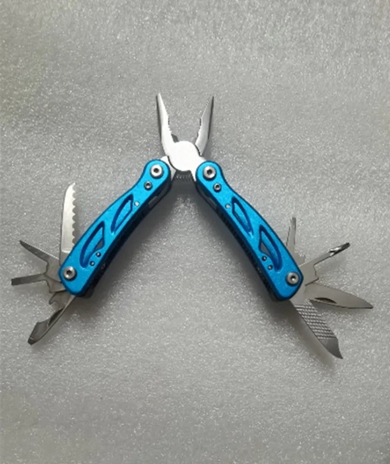 Blue multi-function outdoor pliers knife shown folded and with its included Oxford storage bag.