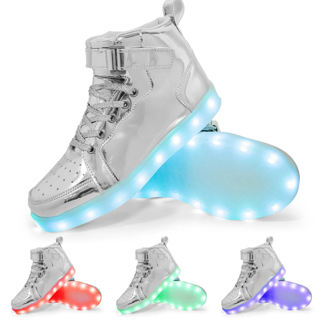 Unisex black LED high-top shoes with glowing light-up soles and Velcro strap.