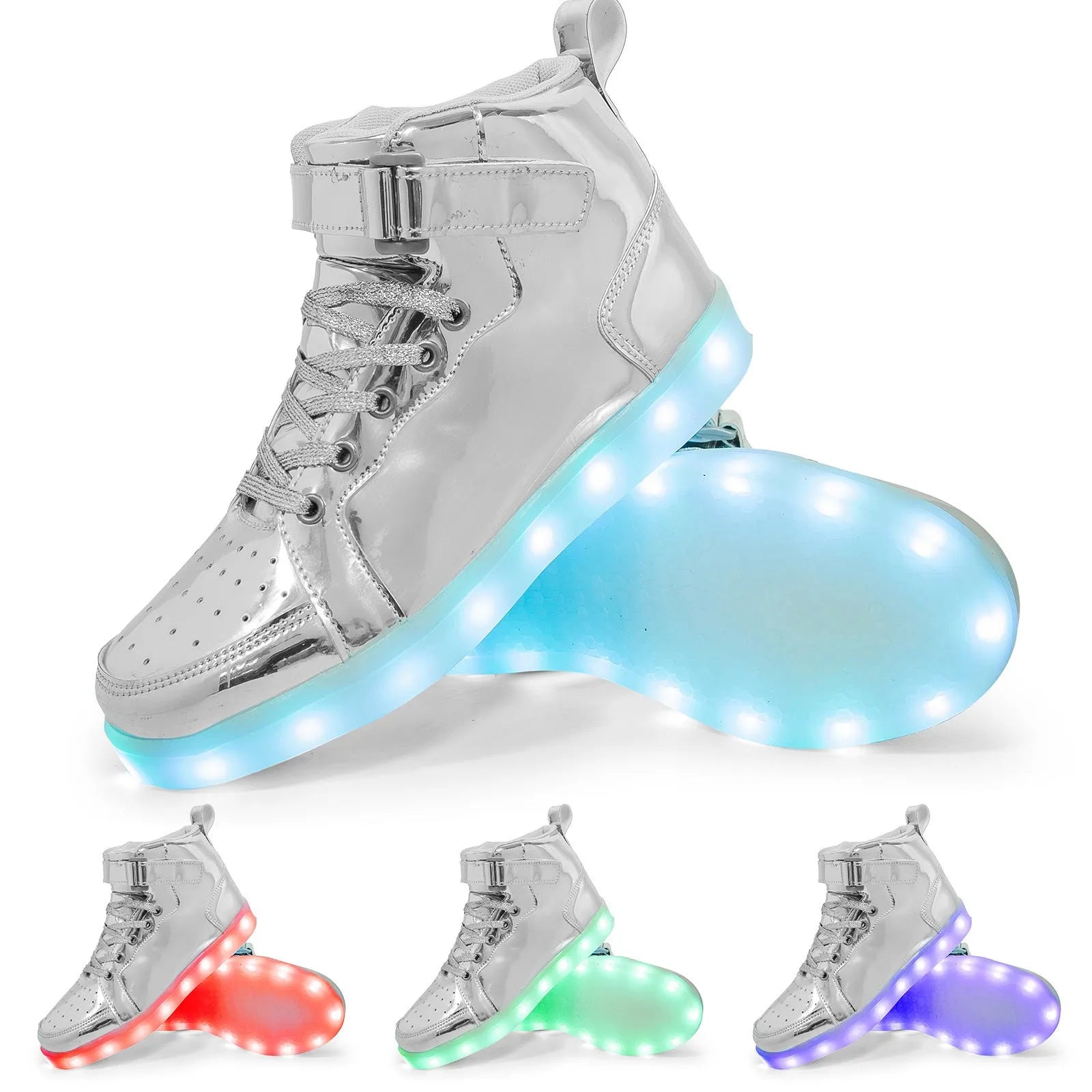 Unisex black LED high-top shoes with glowing light-up soles and Velcro strap.