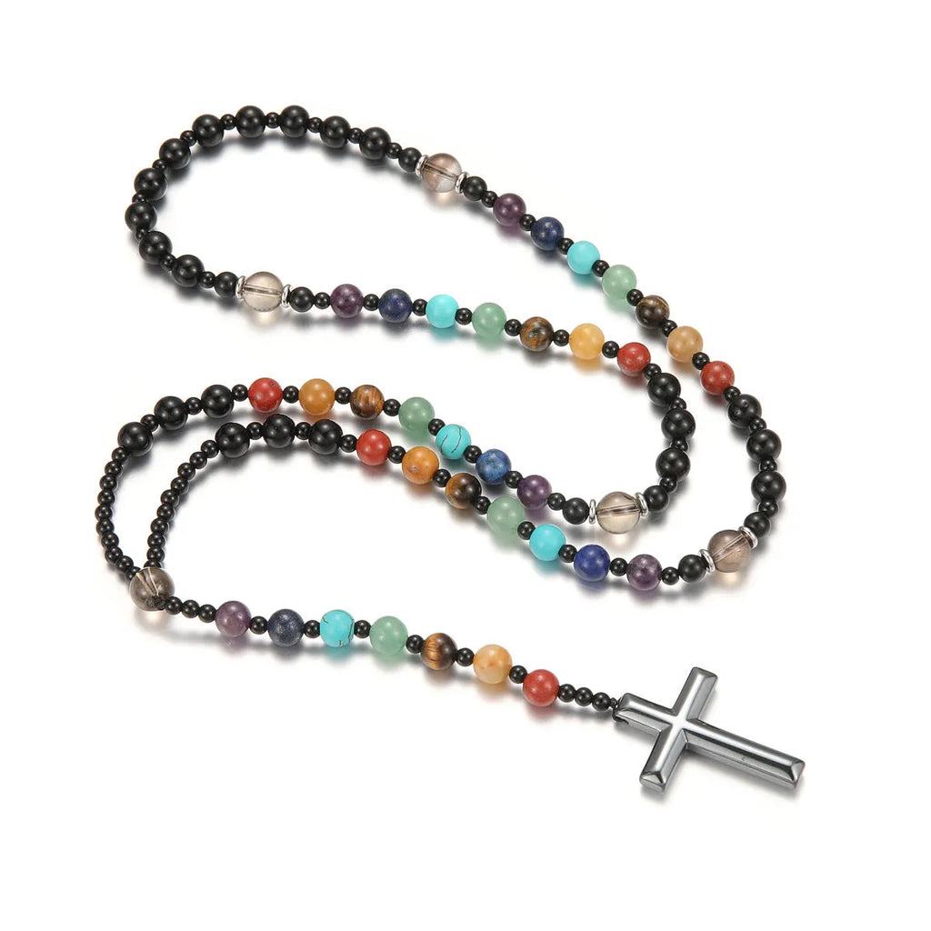 Handmade multicolor natural stone cross necklace with mixed gemstone inlay pendant on beaded chain