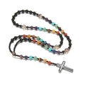Handmade multicolor natural stone cross necklace with mixed gemstone inlay pendant on beaded chain