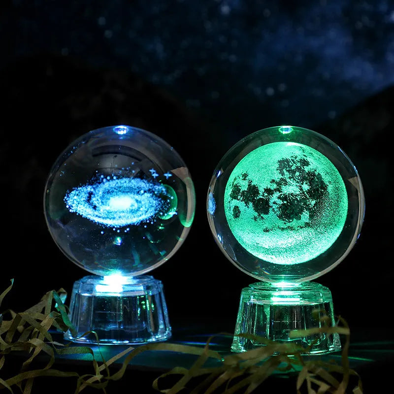 Transparent luminous crystal ball ornament with inner carvings on fixed base for desktop decoration