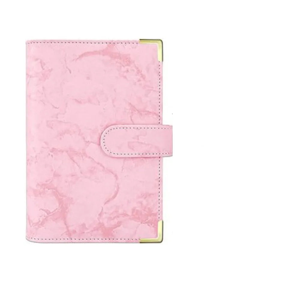A6 loose-leaf binder journal with marbling leather PU cover, open to show budget sheets and zip pockets