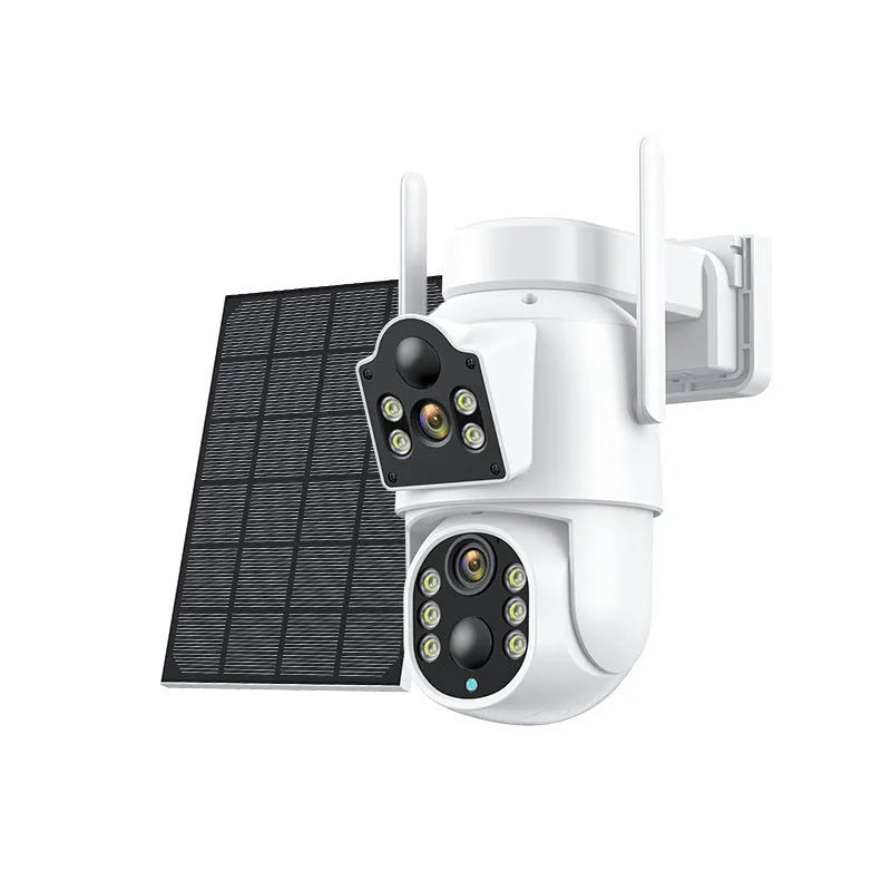 White outdoor solar-powered wifi security camera with solar panel on a wall