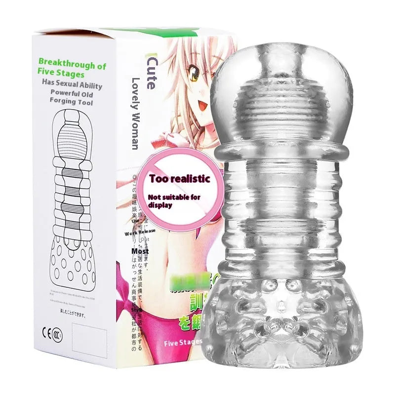 Transparent TPE airplane bottle male penis exerciser with seven stage options