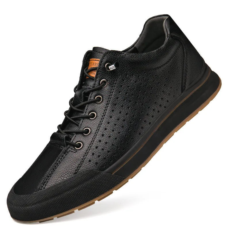 Men's white matte leather casual shoes with a 6cm platform and round toe on a plain background.