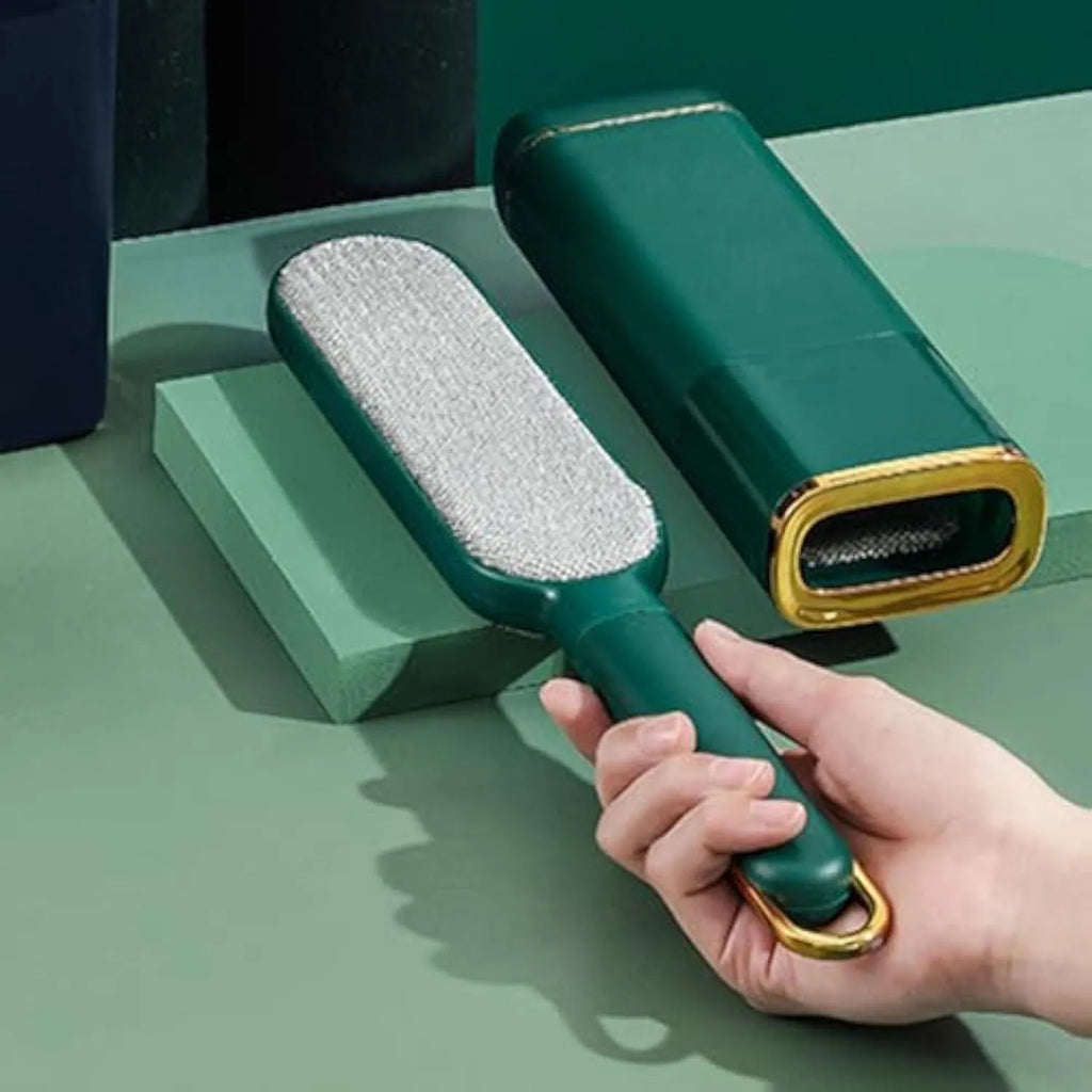 Blue, green, or white reusable double-sided pet hair remover brush with storage box