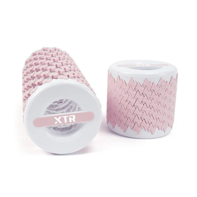 Adjustable telescopic foam roller extended to show length with yoga pillar accessory in choice of colours