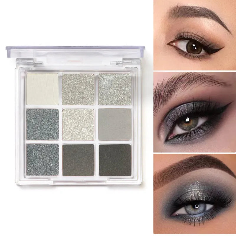 Smoked nine-colour eye shadow palette showing white, silver, black, and iron grey shades.
