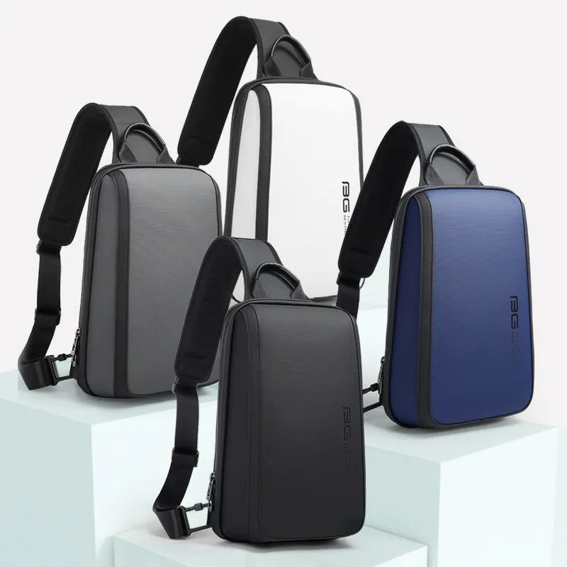 Blue men's Oxford cloth chest bag with double shoulder straps on a mannequin.