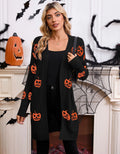 Women's black Halloween pumpkin head jacquard knitted cardigan sweater on hanger