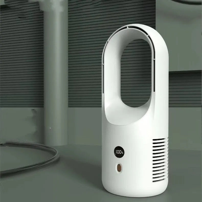 X28 bladeless desktop fan with LED display on a desk next to a Type-C charging cable.