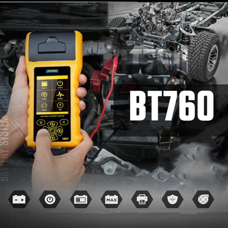 Autool BT760 digital battery tester with colour screen, thermal printer, and red and black battery clips.