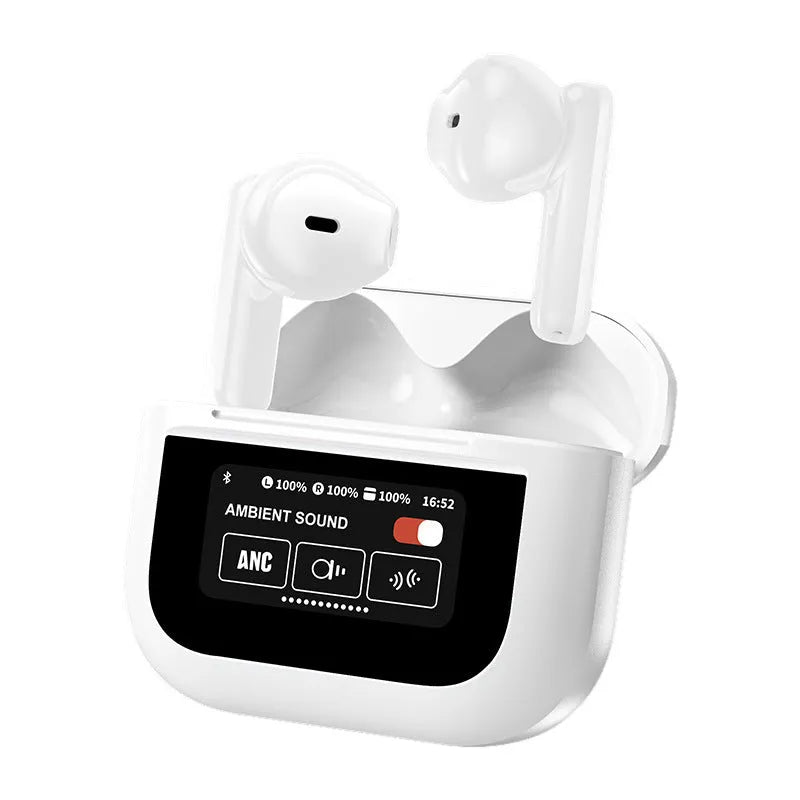 YX28 Bluetooth earphones with full-colour LCD touch screen display and ear hook design in black and white colour options