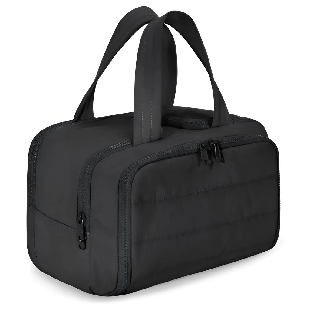 Large open travel toiletry bag in polyester showing beige colour, dimensions 29.97 x 18.54 x 21.08cm.
