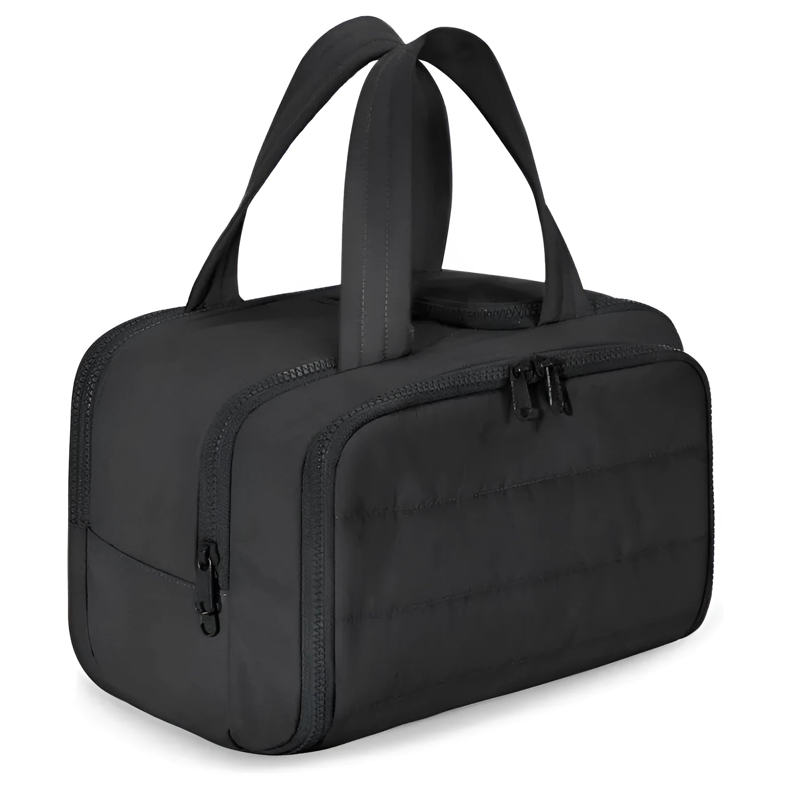 Large open travel toiletry bag in polyester showing beige colour, dimensions 29.97 x 18.54 x 21.08cm.