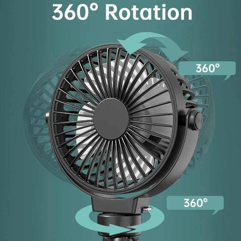 Black flexible tripod clip-on portable fan showing 360° rotation head and safety barrier around blades.