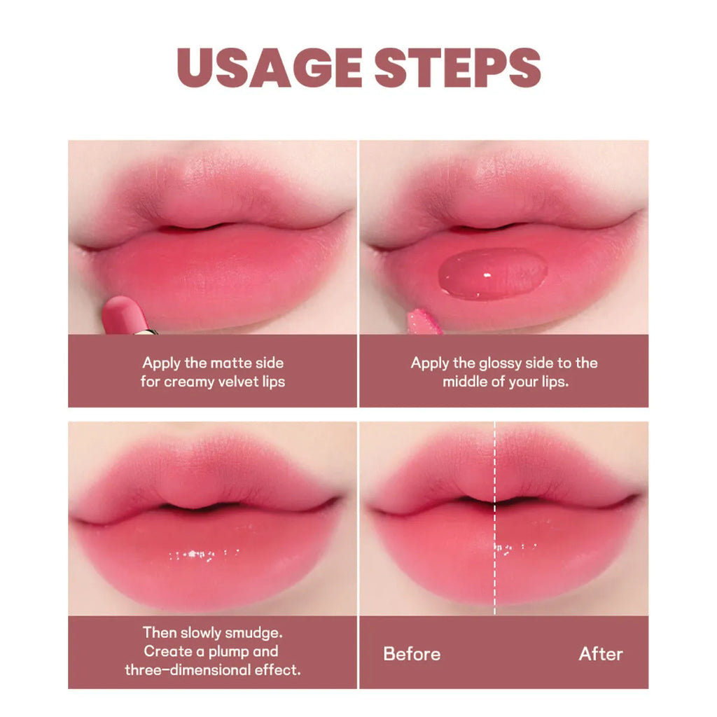 Double-headed matte lipstick with 10 colour options showing dual-ended design