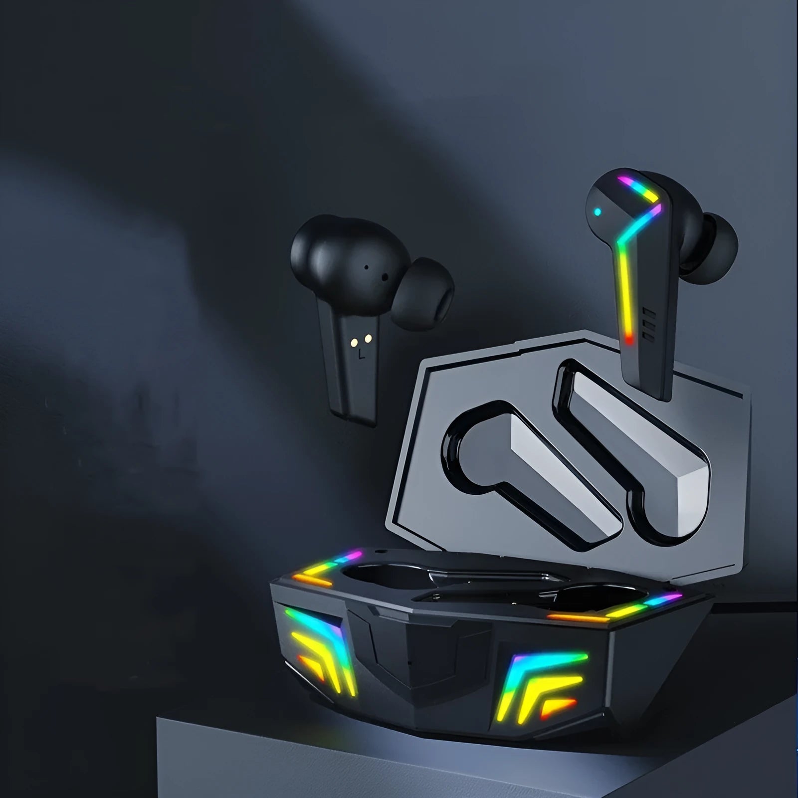 Black TWS Bluetooth sports headset with earplug design on a neutral background.