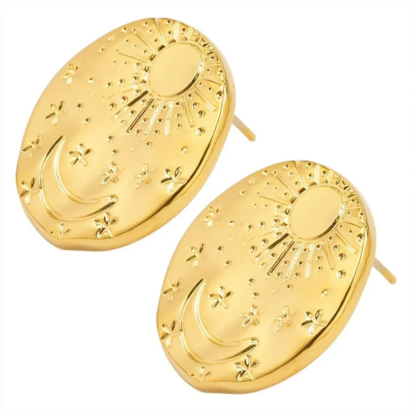 Stainless steel stud earrings with geometric shell design in gold and silver finishes
