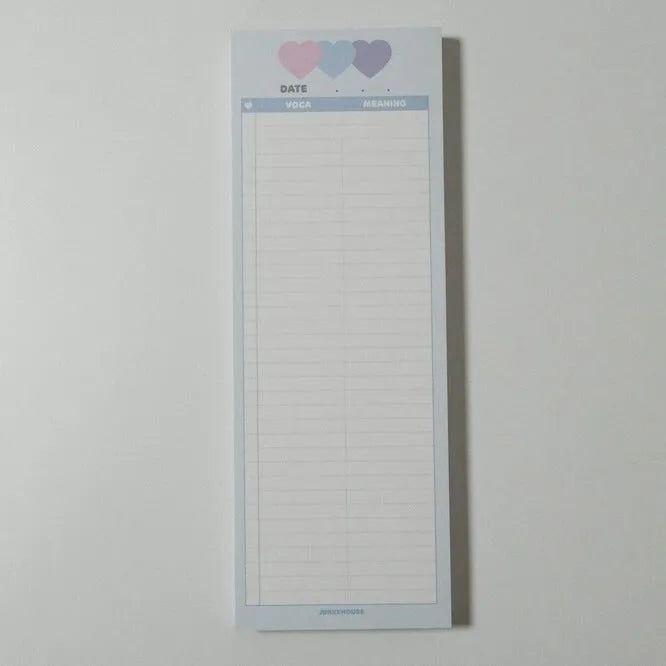 Vertical English words learning notepad with half B5 size measuring 9.1 by 25.7cm
