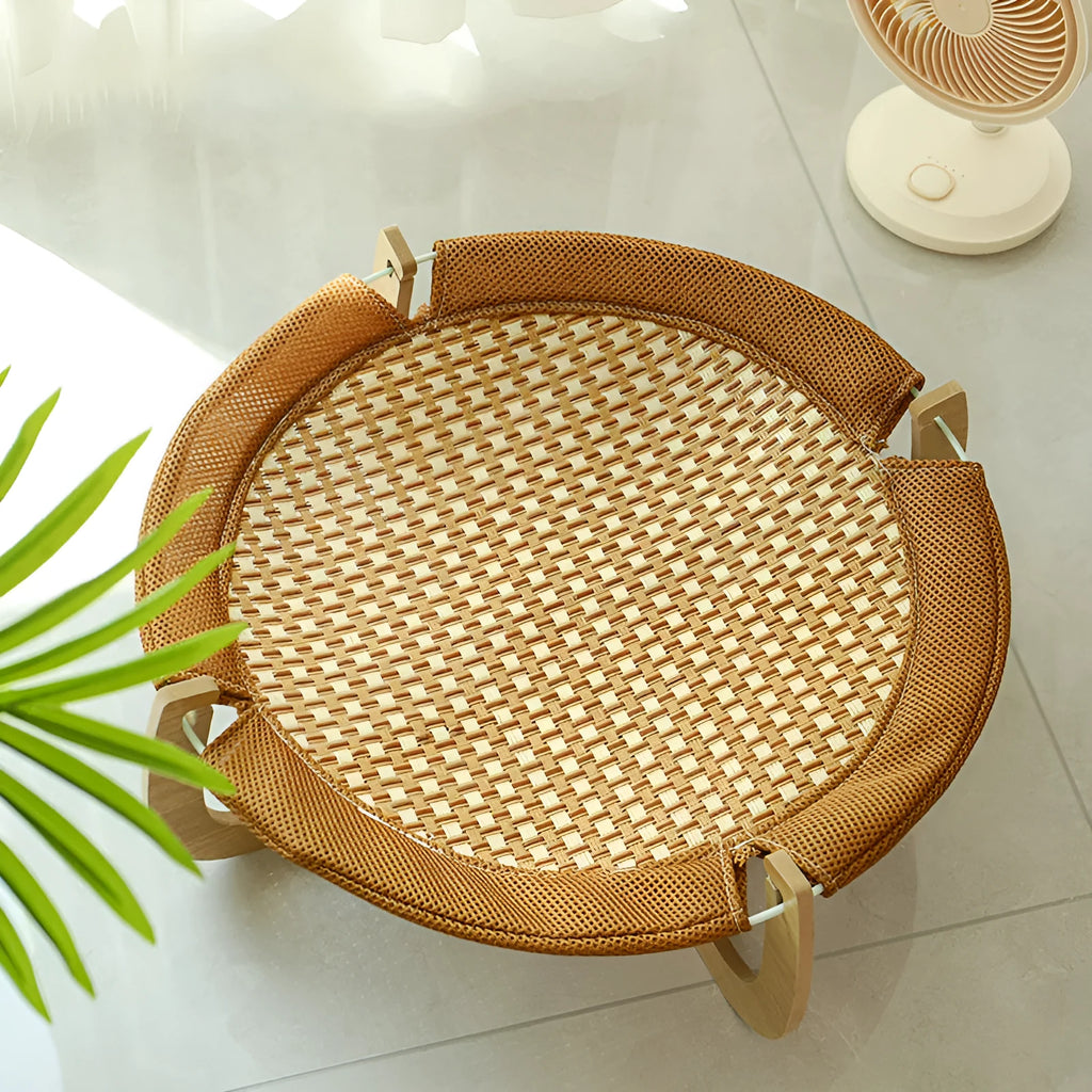 Brown woven rattan pet hammock bed elevated 17.5cm for cats and small dogs