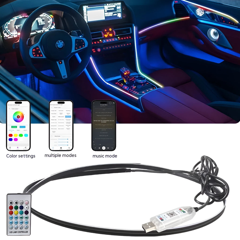 USB car ambient lighting strip with remote control for colour changing interior mood lighting