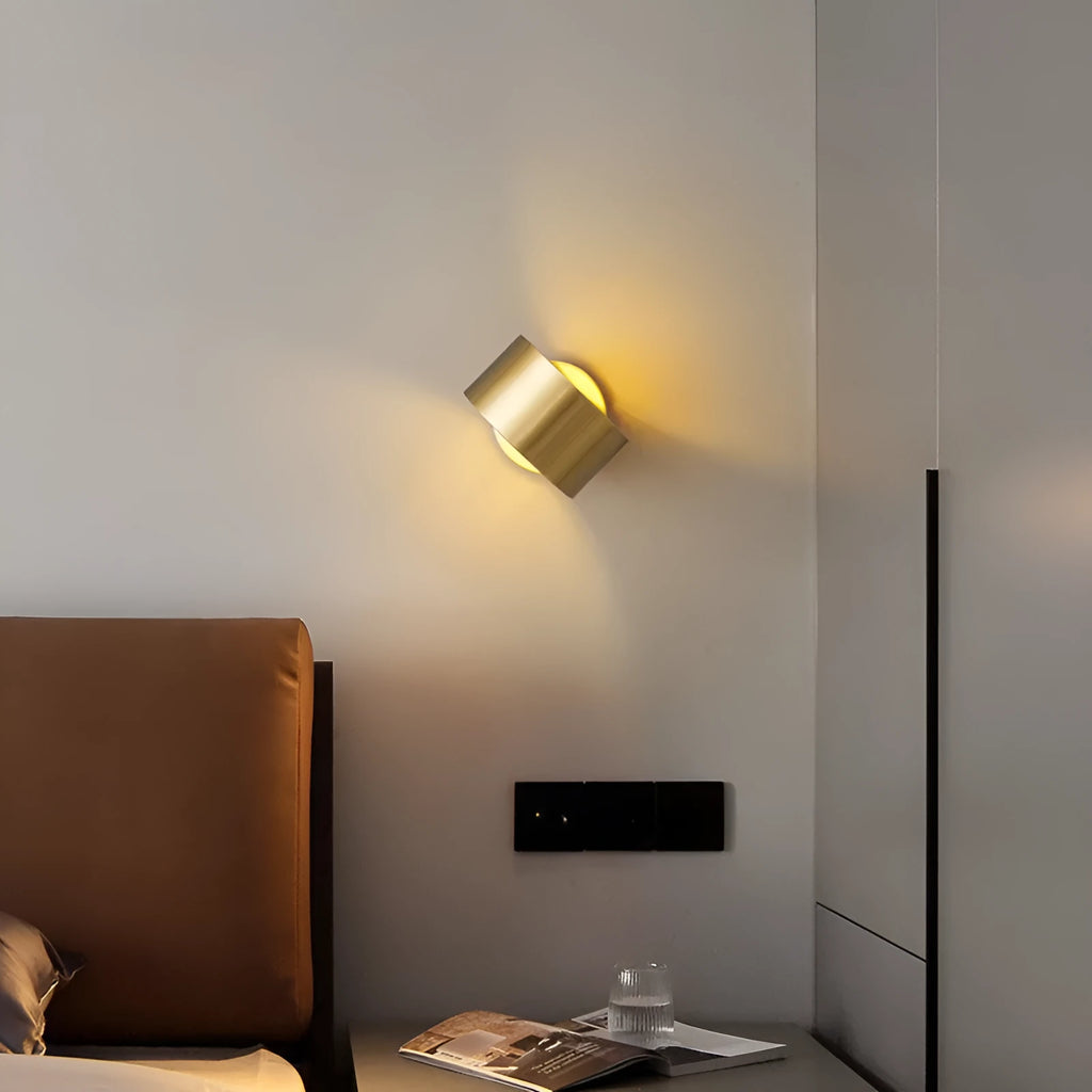 Modern simple copper wall lamp shown in gold and black finishes for living room use.