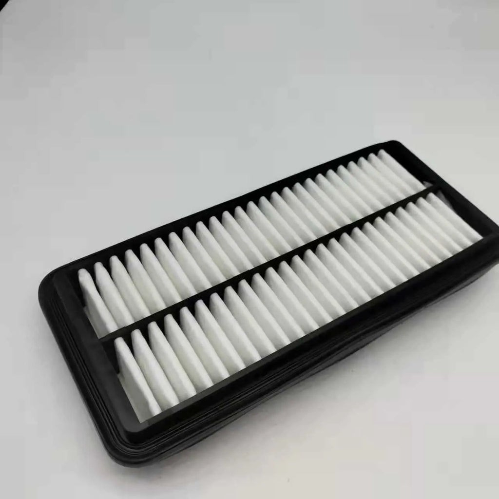 Black rectangular car panel air filter with dimensions 256mm by 113mm by 40mm